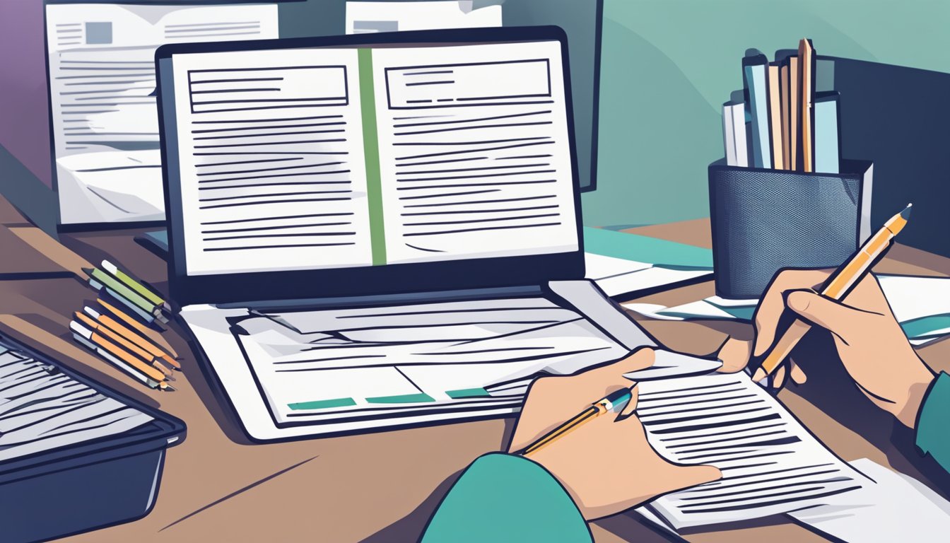 A stack of FAQ papers sits next to a laptop and a pen on a desk, while a person is reviewing them
