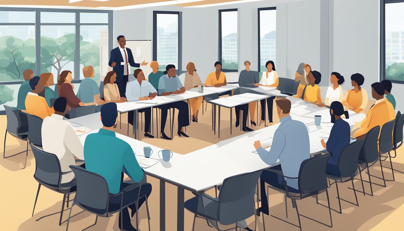 Employees receiving promotions and training at a professional development seminar