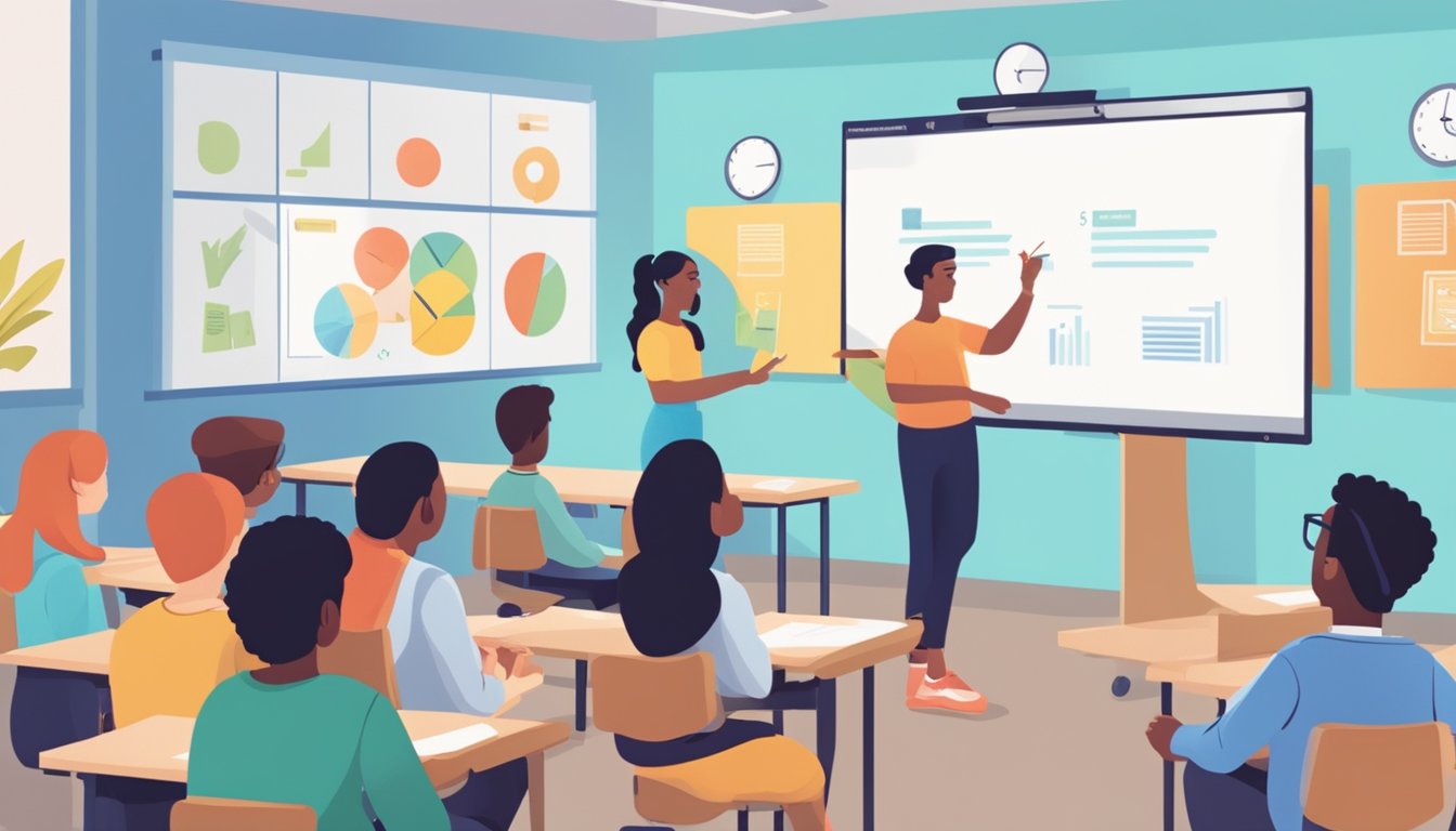 A brightly lit classroom with a whiteboard and projector displaying "Frequently Asked Questions" at the front. Students are engaged in discussion while the instructor points to the screen