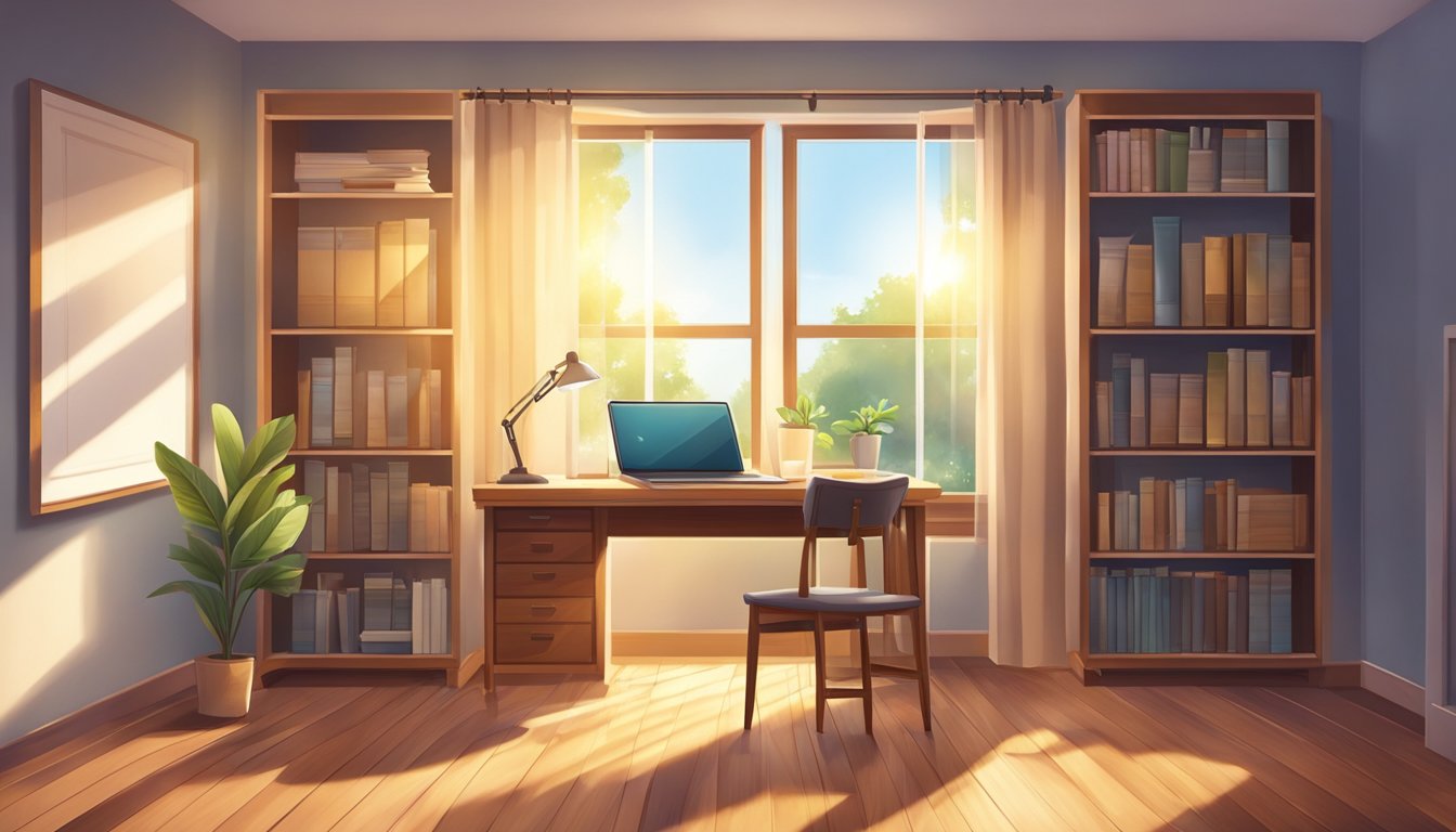 A quiet study room with a desk, chair, and bookshelf. Sunlight streams in through the window, casting a warm glow on the wooden floor