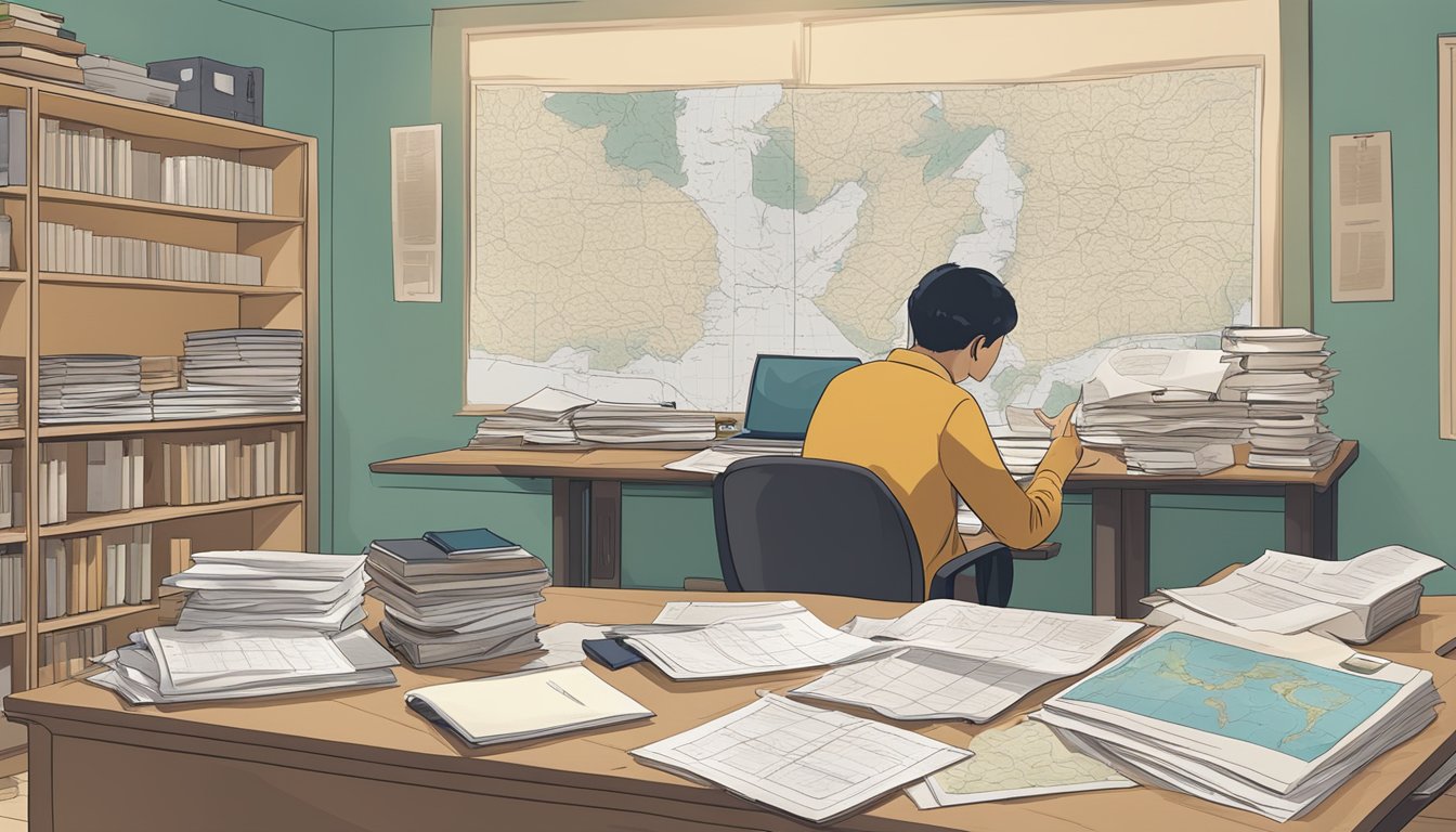 A person finds tuition assignments in Woodlands, with papers scattered on a desk and a map of the area on the wall