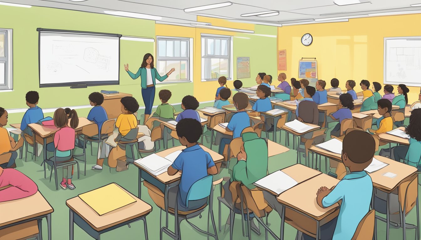A bright, spacious classroom in Woodlands, filled with eager students and a dedicated tutor, all engaged in lively discussion and learning