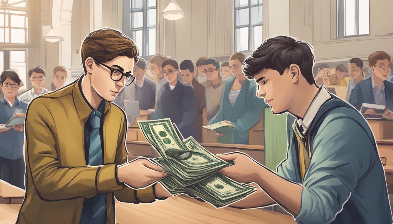 A student handing over money for additional fees and services at St. Mary