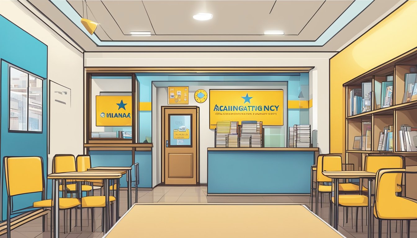 A brightly lit star tuition agency with a welcoming entrance and a signboard displaying the agency