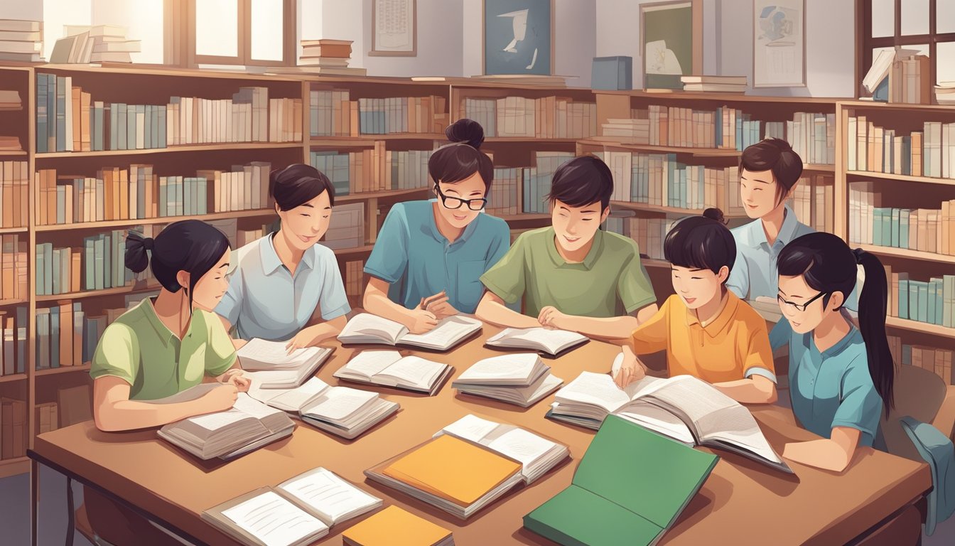 A group of students engaged in a lively discussion, surrounded by books and study materials, in a bright and welcoming Chinese tuition center