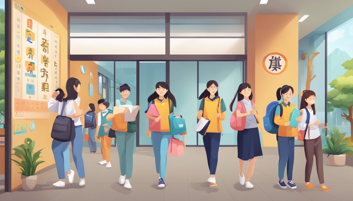 Students eagerly enter a modern, bright Chinese tuition center, greeted by friendly staff and walls adorned with colorful characters and educational materials