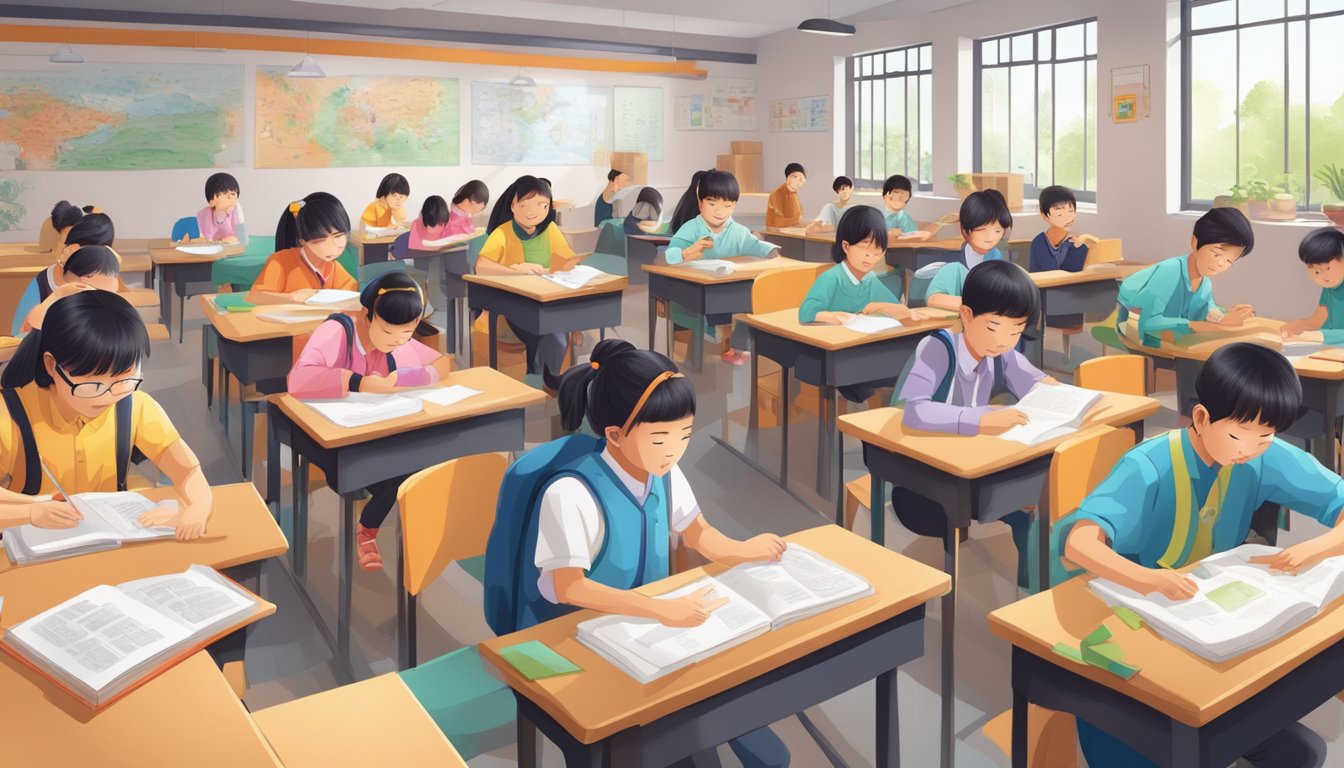 Students engaged in interactive activities, using technology and traditional tools, surrounded by Chinese language materials in a vibrant classroom setting