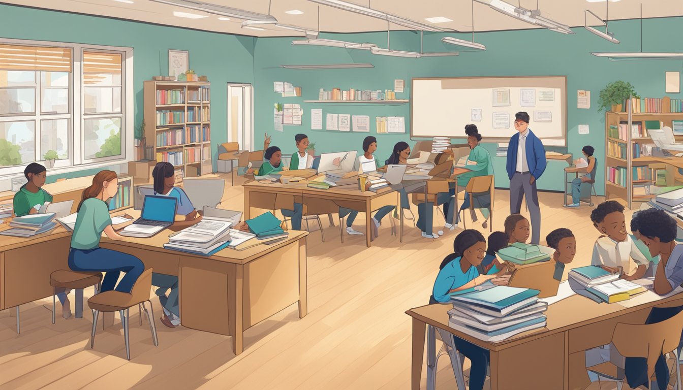 A bustling office with tutors and students engaged in learning activities. A sign reads "Navigating the Educational Landscape - Star Tuition Agency." Books and educational materials are scattered around the room