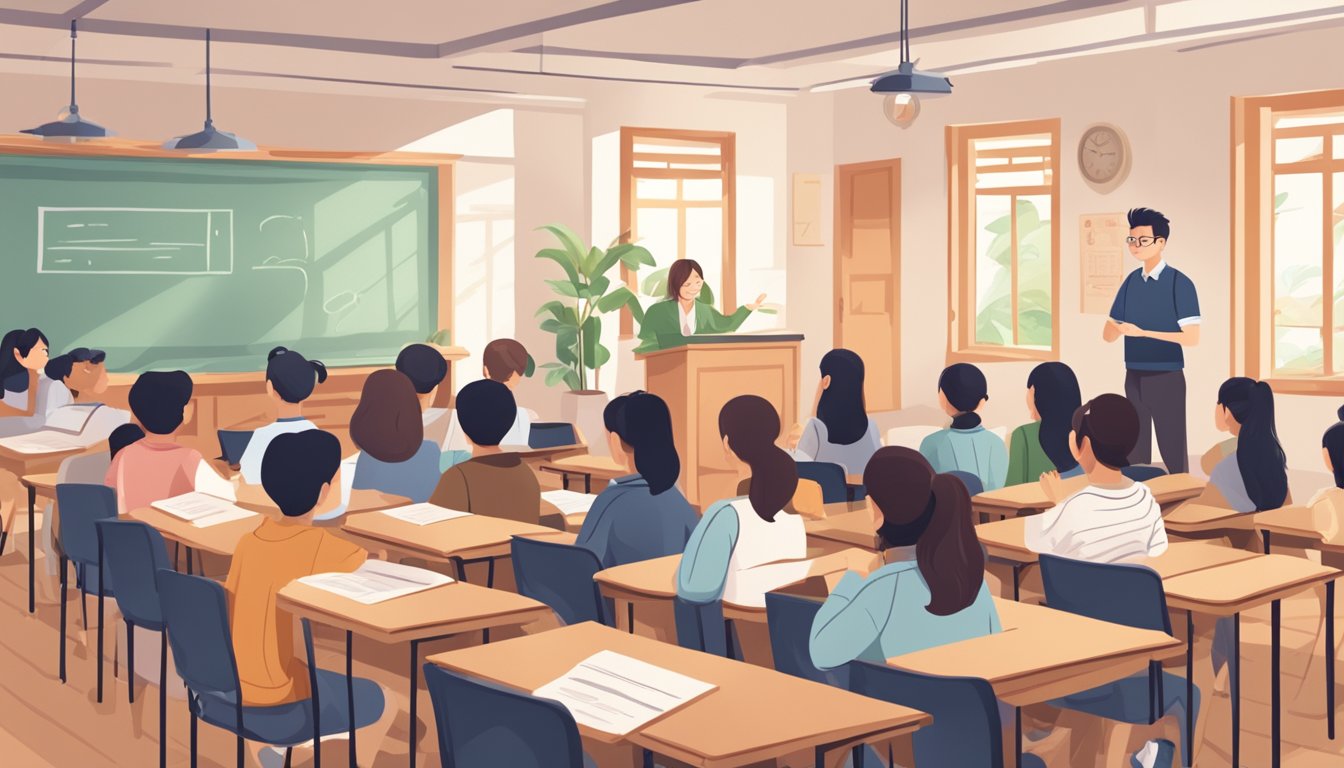 A classroom with students asking questions to a Chinese tutor at a Frequently Asked Questions session