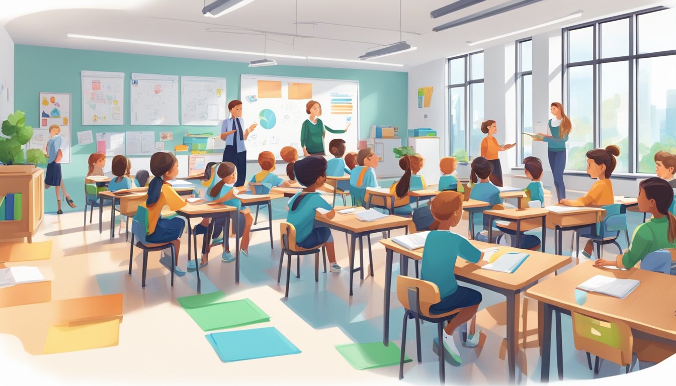 A bright classroom with students and tutors engaged in learning at Edupoint Tuition. Whiteboards and desks fill the space, with books and educational materials scattered around