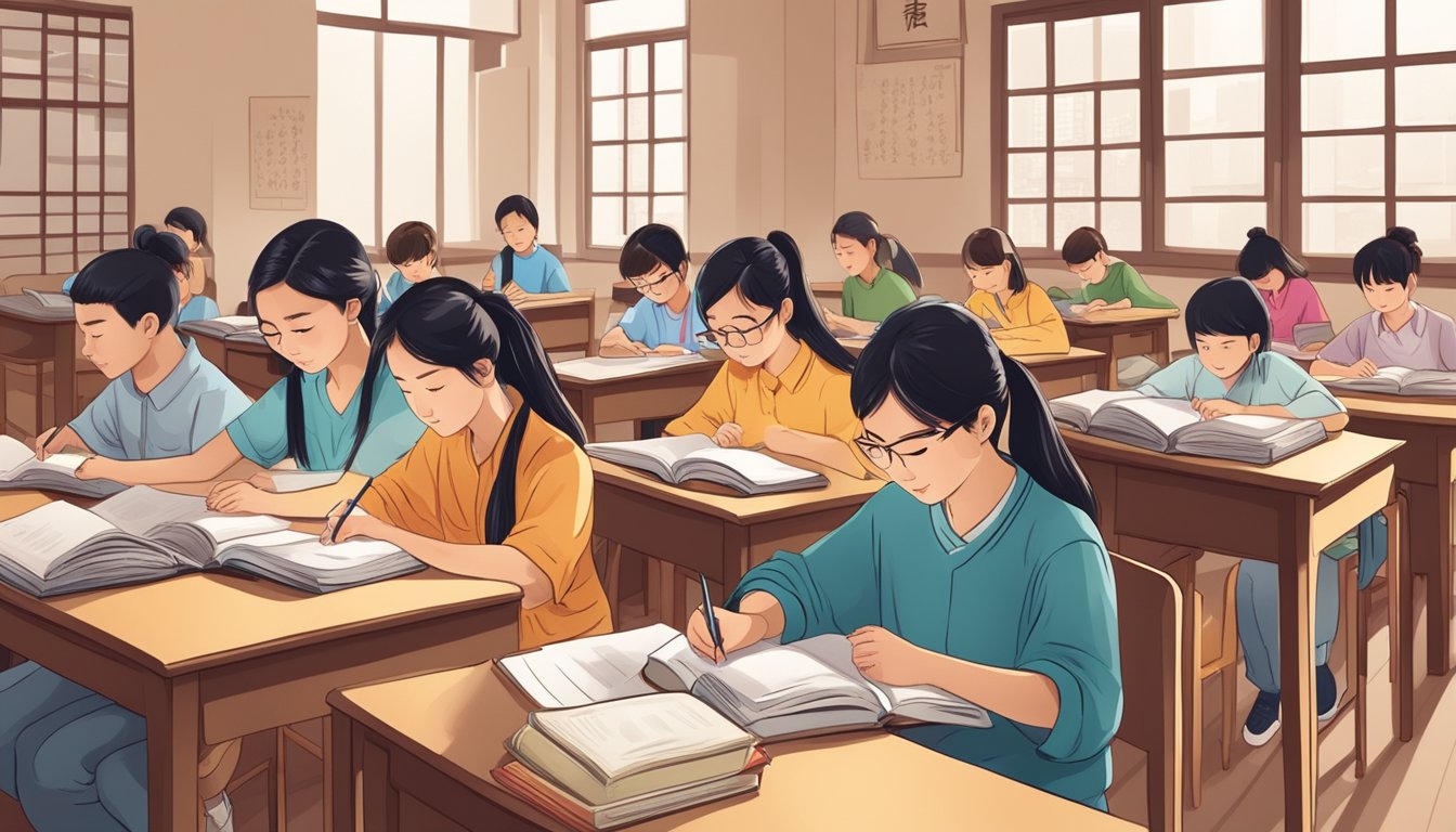 A group of students studying Chinese at a busy tuition center, surrounded by textbooks and writing materials