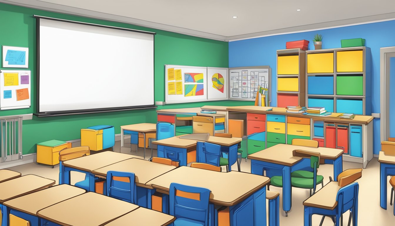A colorful classroom with the Edupoint Tuition Services logo on the wall, desks and chairs neatly arranged, and a whiteboard at the front