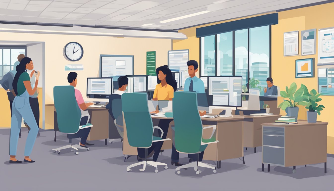 A busy office with people talking on the phone and typing on computers, while a sign on the wall reads "Frequently Asked Questions at Star Tuition Agency."