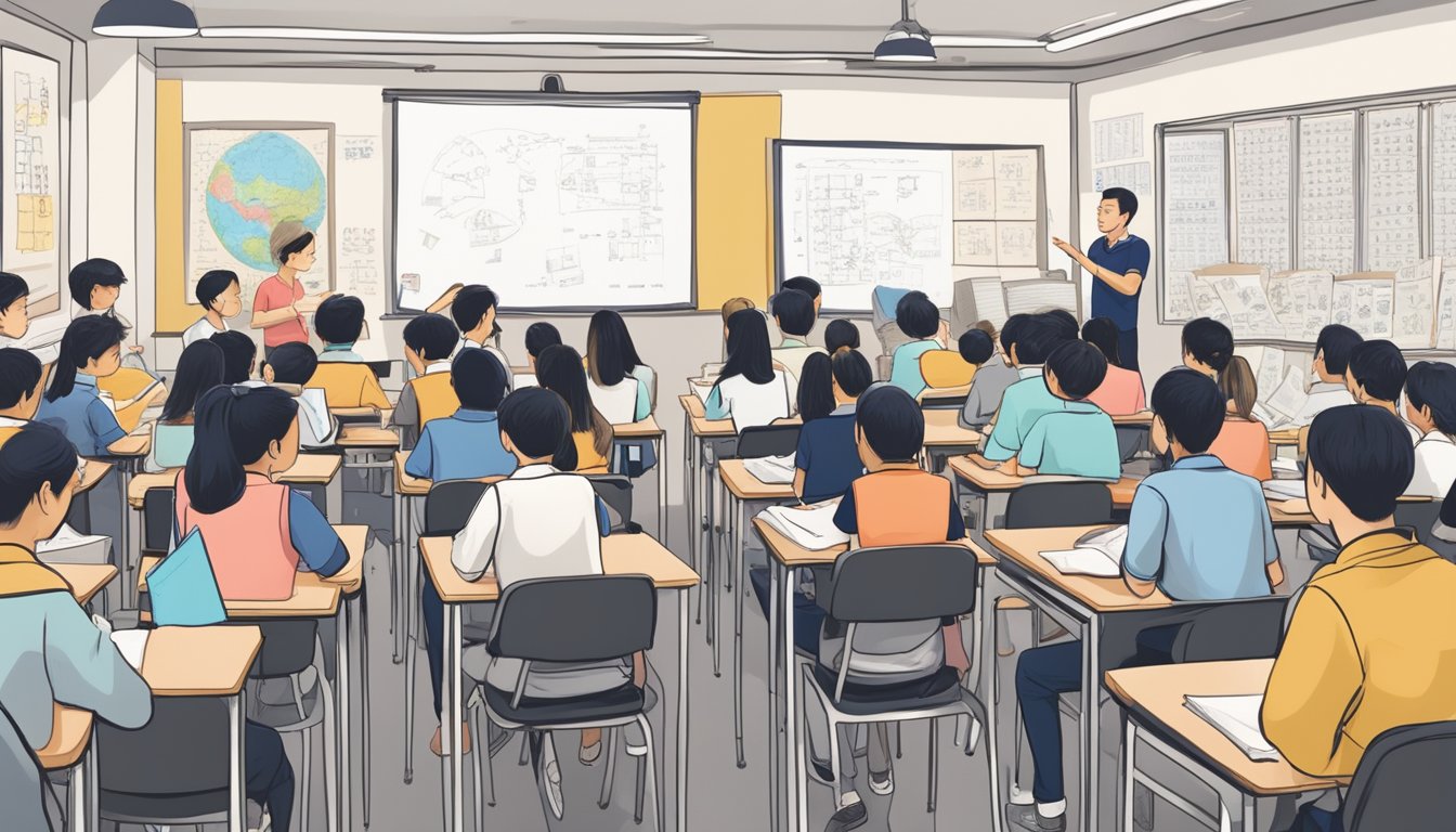 Students studying in a crowded Chinese tuition classroom in Singapore, surrounded by textbooks and notes, while a tutor explains a lesson on the whiteboard