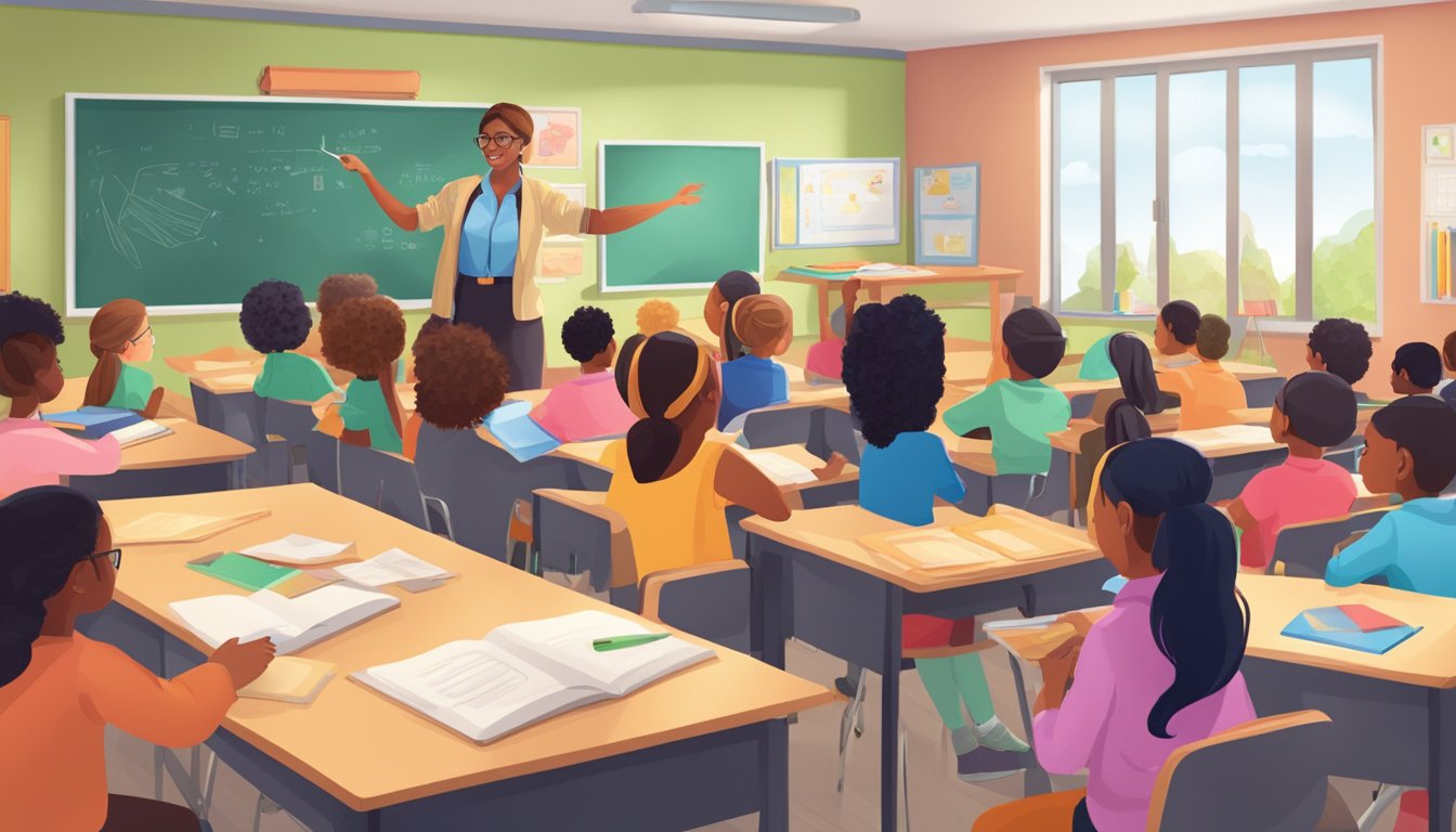 A classroom filled with diverse educational materials and interactive learning tools, surrounded by engaged students and a passionate teacher