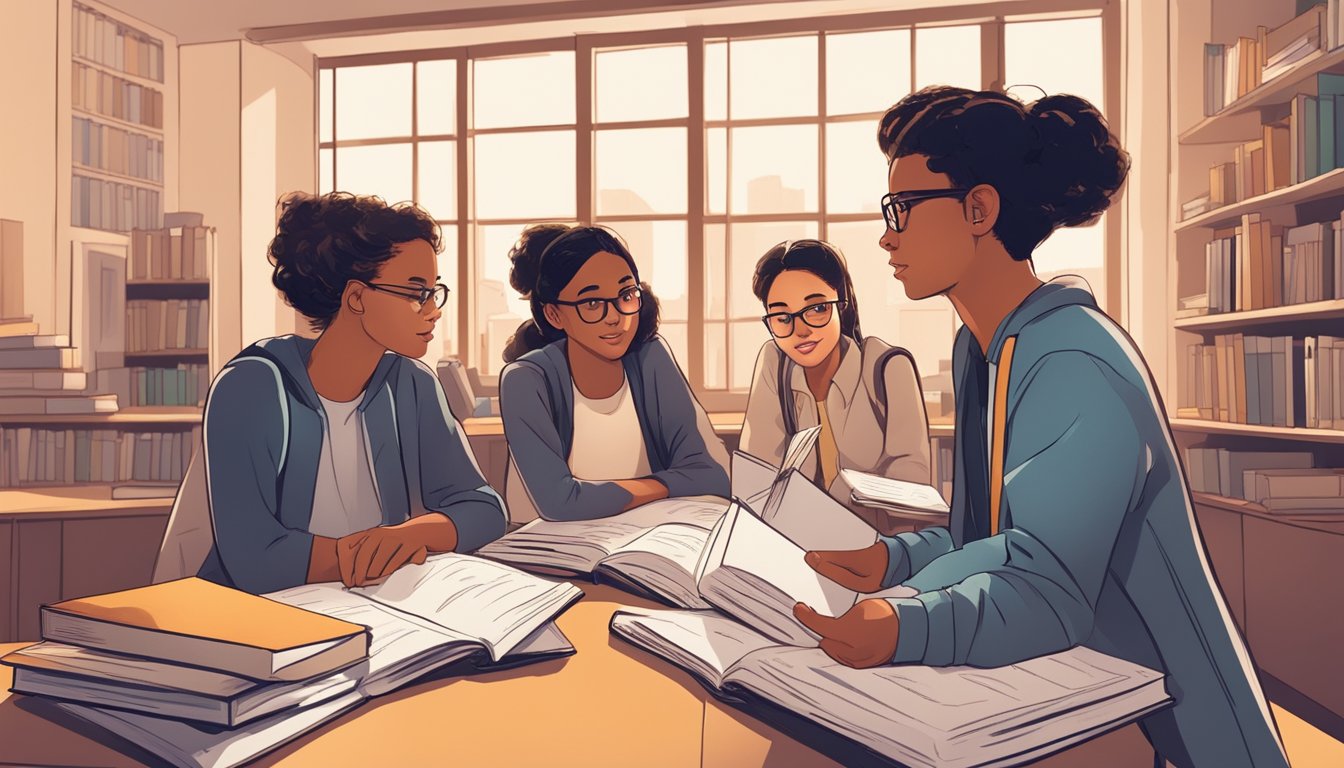 Students eagerly engage in a lively discussion, surrounded by textbooks and language materials. The atmosphere is dynamic and focused, with a strong sense of collaboration and learning