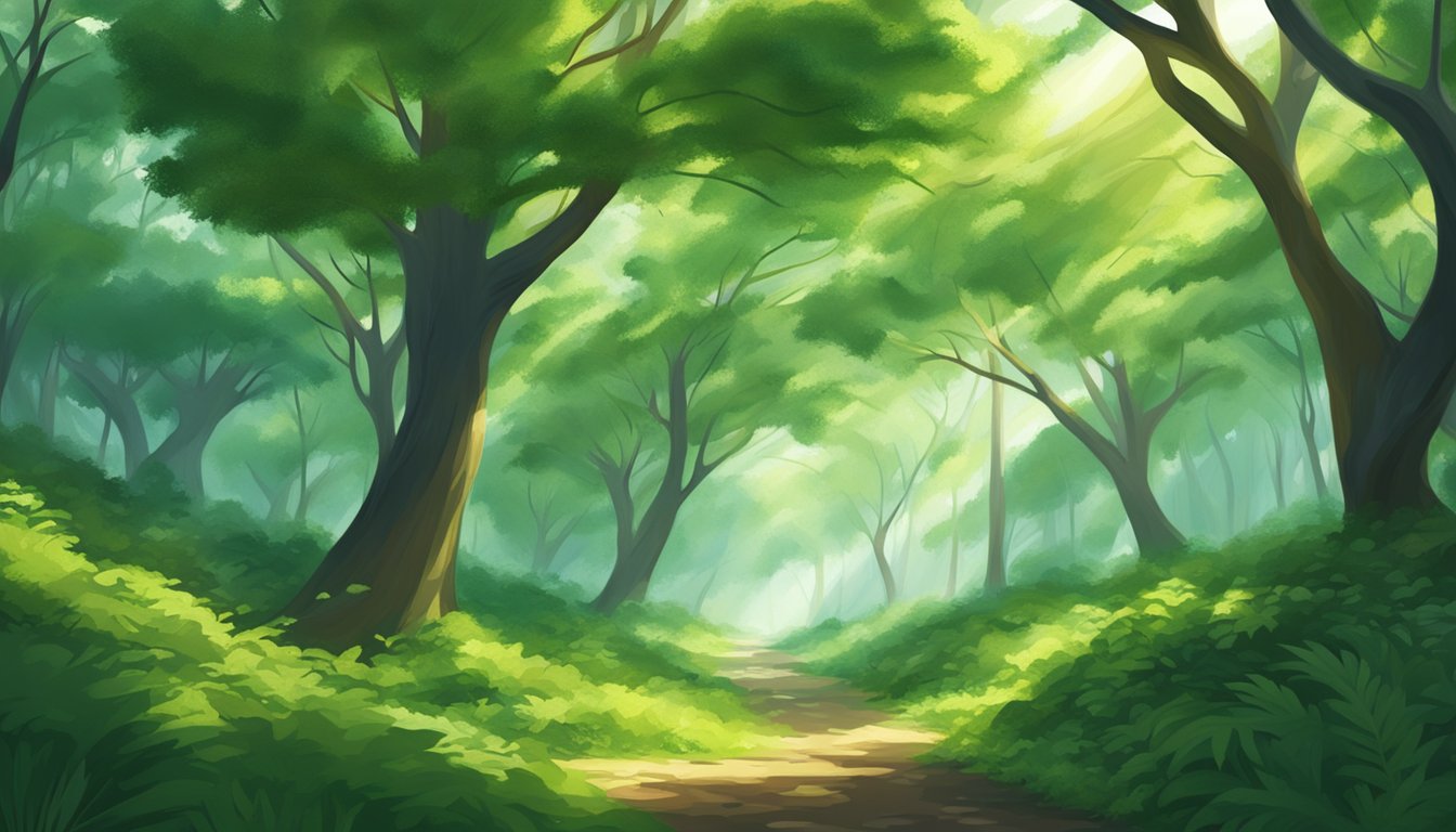 Lush green treetops sway in the breeze, creating a peaceful canopy. Sunlight filters through the leaves, casting dappled shadows on the forest floor