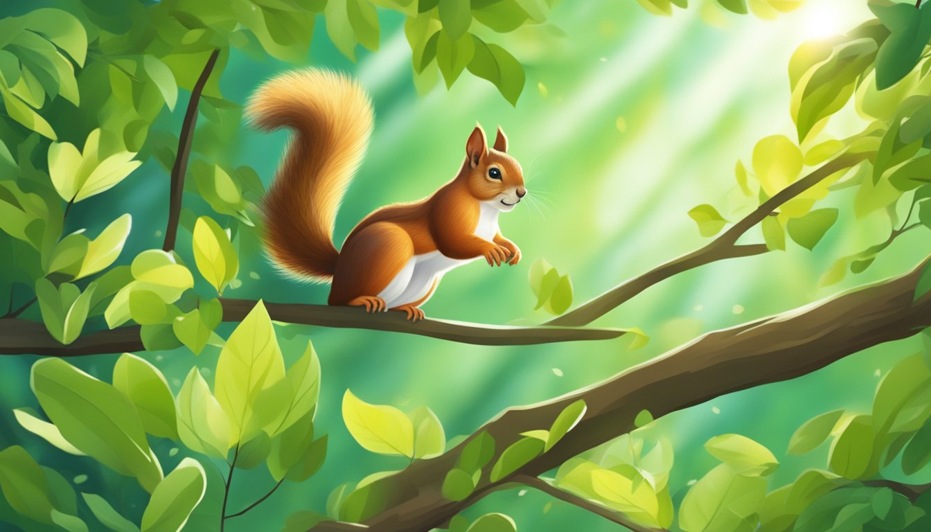 A curious squirrel leaps among lush green branches in the treetop canopy, surrounded by fluttering leaves and dappled sunlight