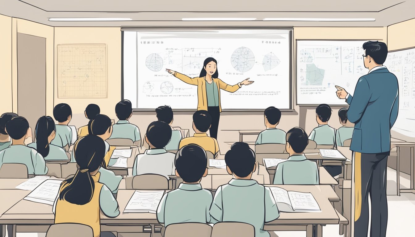 A group of students gather around a teacher, asking questions about Chinese tuition. The teacher stands in front of a whiteboard, pointing to various notes and diagrams as the students listen attentively