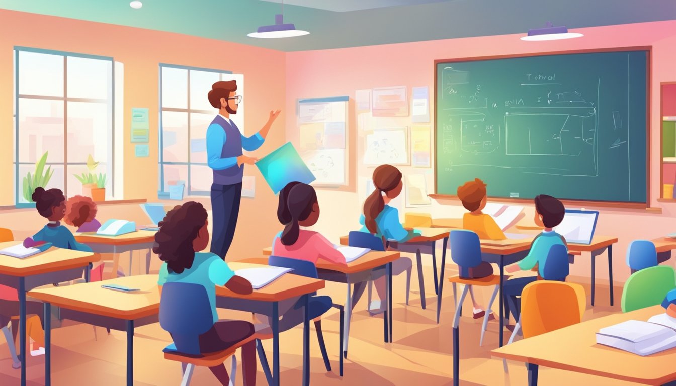 A bright classroom with colorful learning materials and a whiteboard. A tutor and student engaged in interactive learning activities
