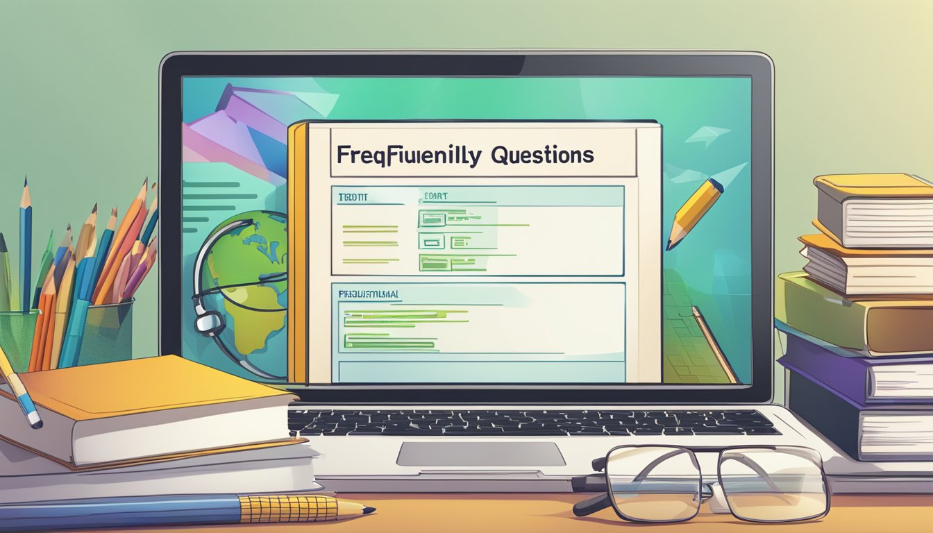 A computer screen displaying "Frequently Asked Questions" with a list of topics, next to a stack of educational books and a pencil
