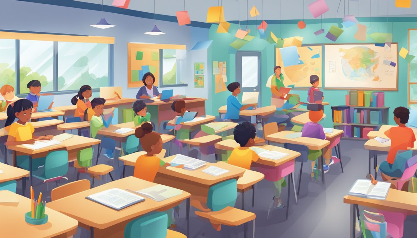 A classroom filled with students engaged in learning activities, with colorful educational materials and interactive teaching tools