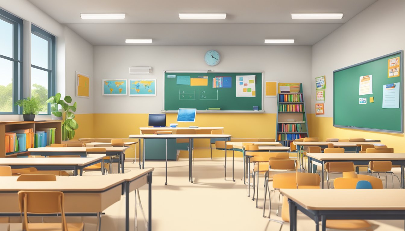 A bright, modern classroom with EduReach branding. Books, whiteboards, and educational materials are neatly arranged. A welcoming atmosphere with comfortable seating and a sense of learning and growth
