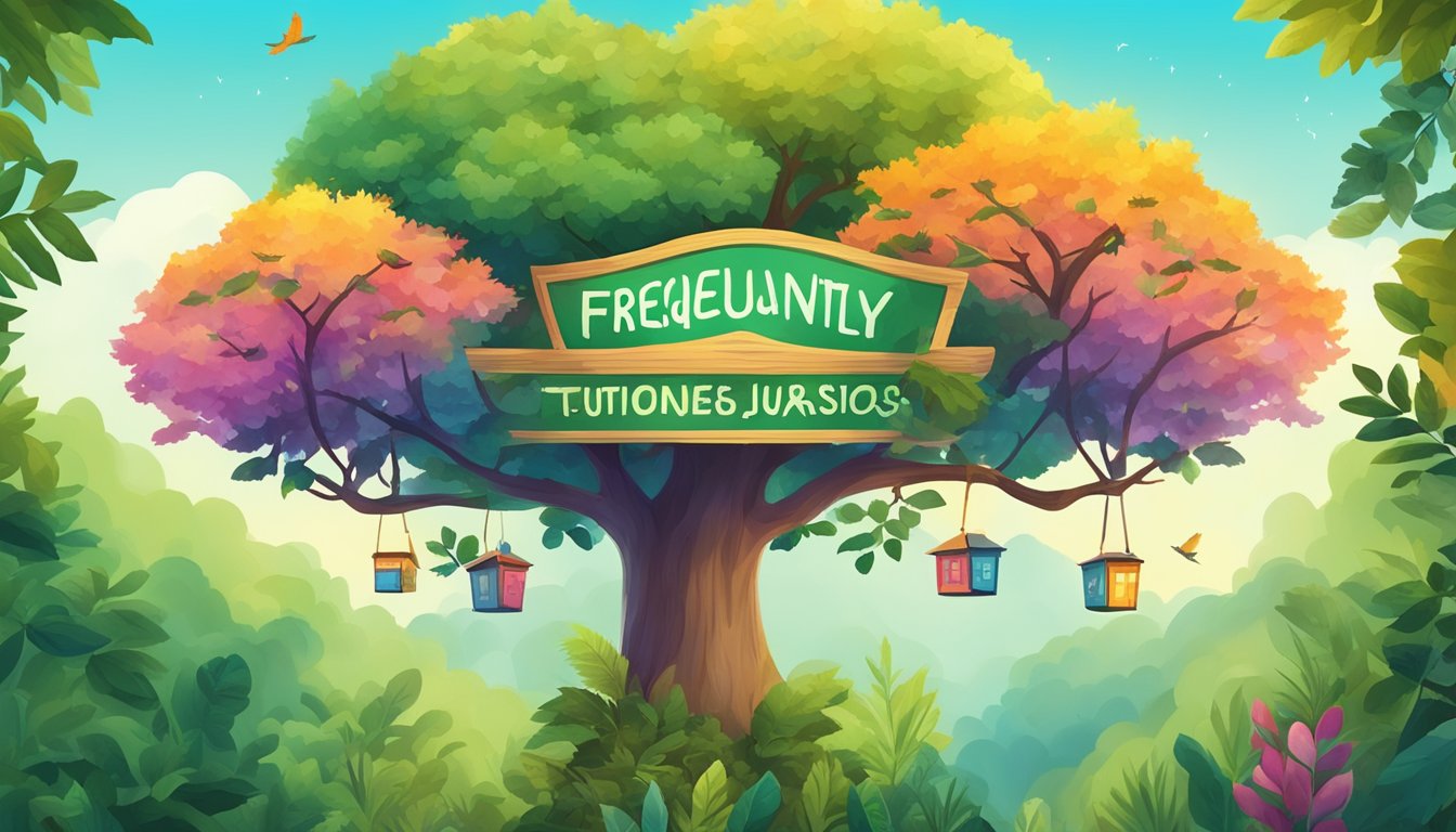 A colorful treetop with a sign reading "Frequently Asked Questions Treetop Tuition" surrounded by lush greenery and chirping birds