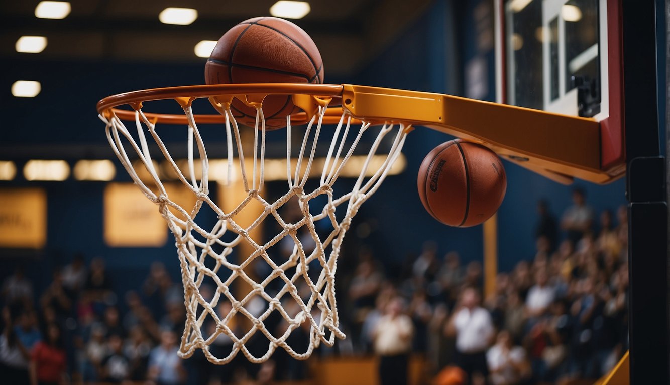 Basketball hoop with multiple balls going through it. Players in background practicing shots