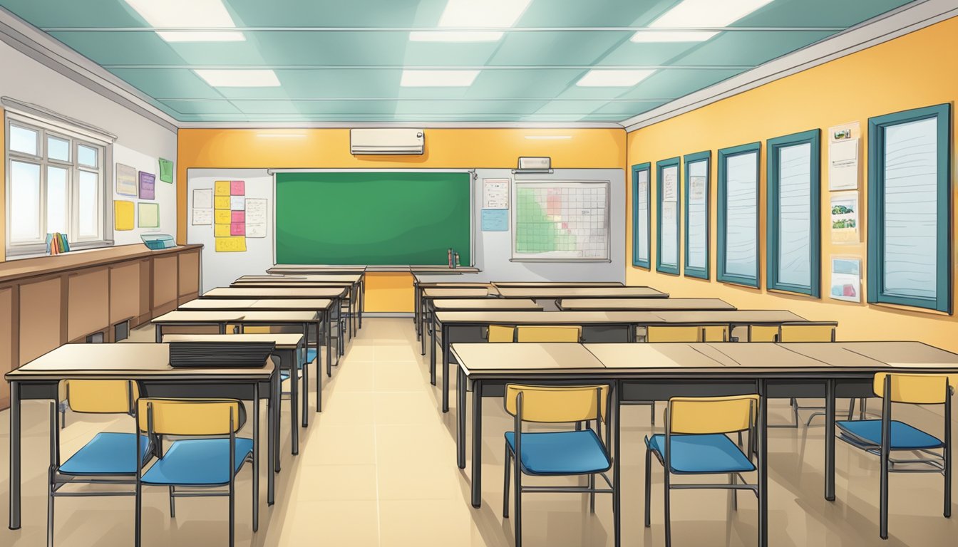 A small, brightly lit classroom with desks arranged in rows facing a whiteboard. The name "Devesh Shah Tuition" is written in bold letters on the front wall