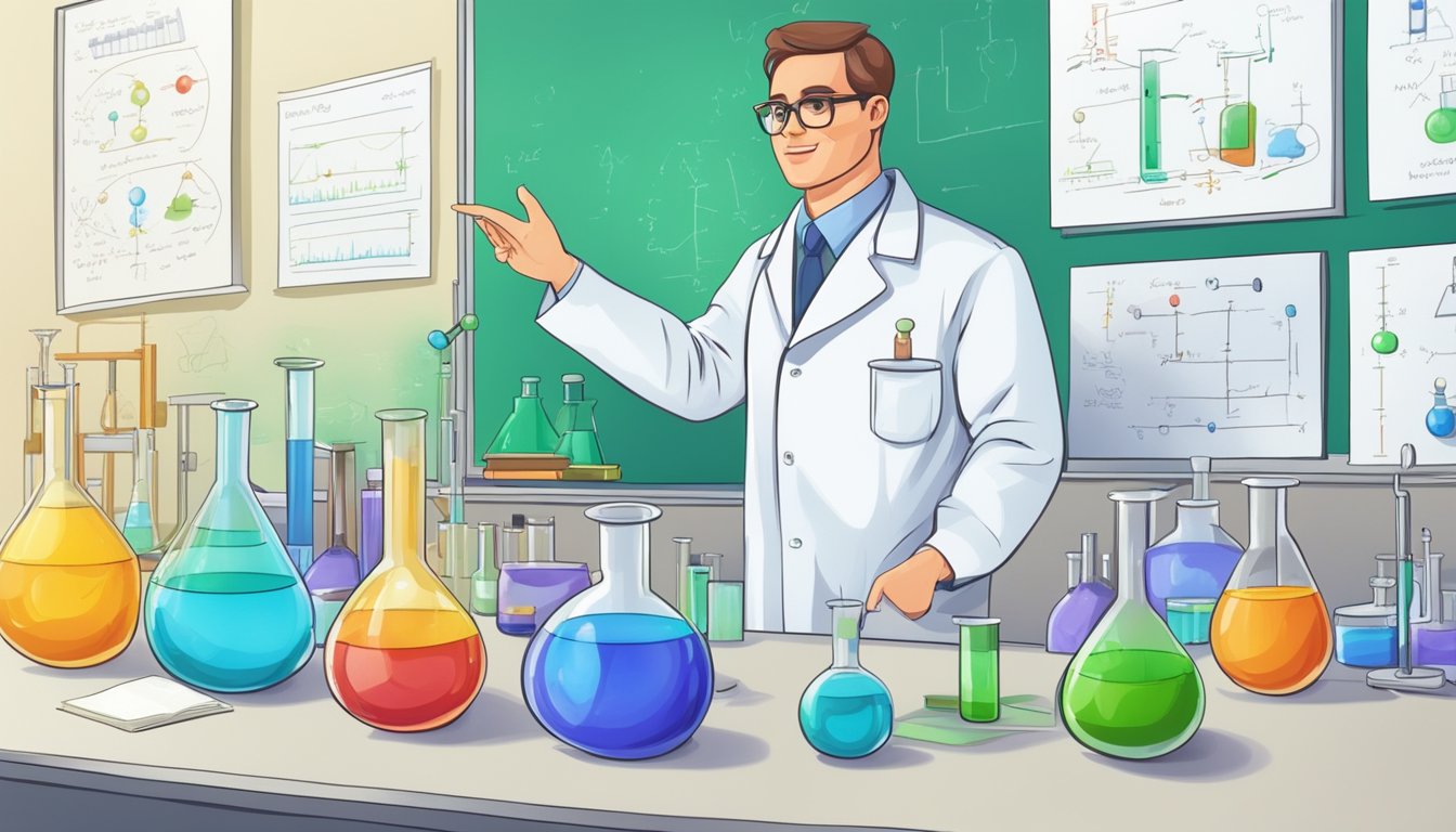 A chemistry teacher explains concepts on a whiteboard, surrounded by textbooks and laboratory equipment