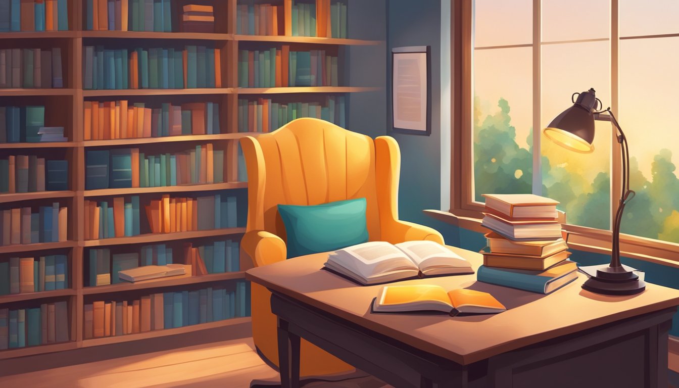 A cozy study room with books, a desk, and a comfortable chair. A bright lamp illuminates the space, creating a warm and inviting atmosphere for learning