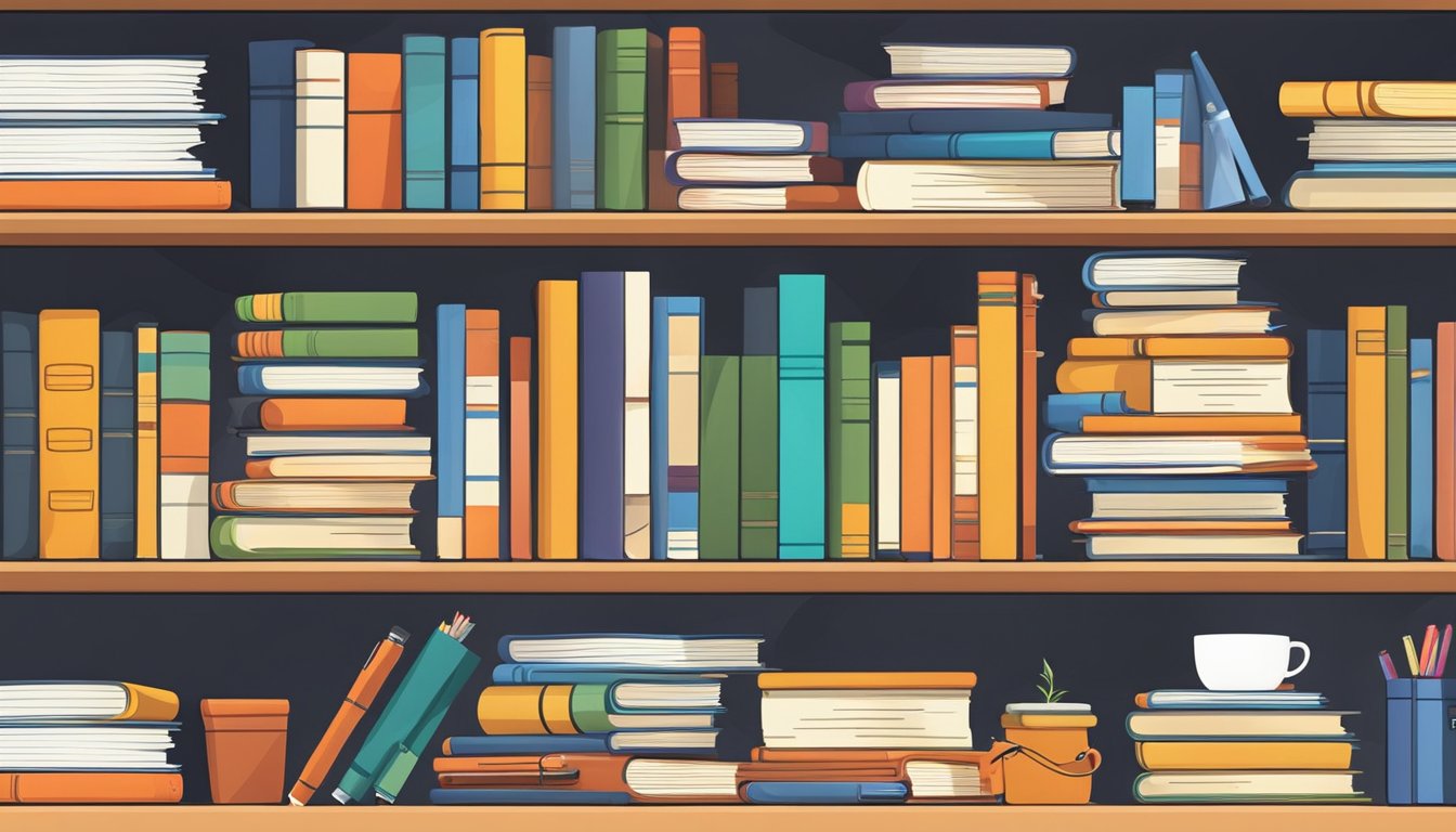 A diverse collection of books, notebooks, and educational materials neatly arranged on a desk, with a bright lamp illuminating the area