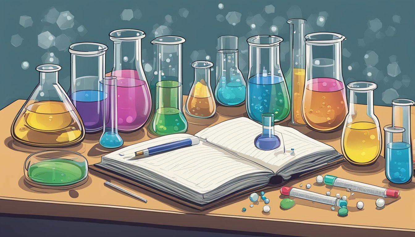 A laboratory table with beakers, test tubes, and chemical compounds arranged neatly. A textbook on "Pure Chemistry Concepts" lies open beside a notebook filled with meticulous notes