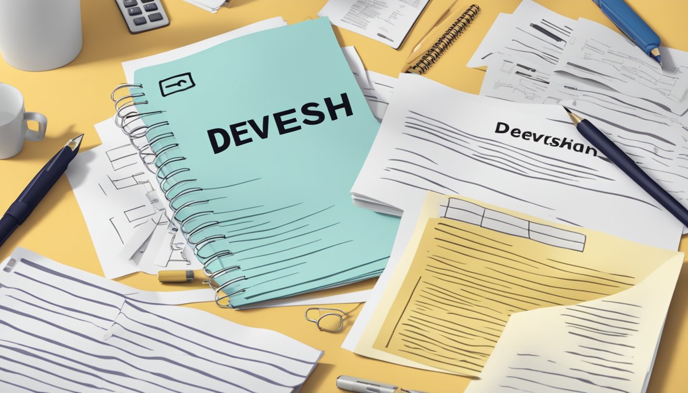 A stack of FAQ sheets with "Devesh Shah Tuition" printed on top, surrounded by scattered pens and a laptop