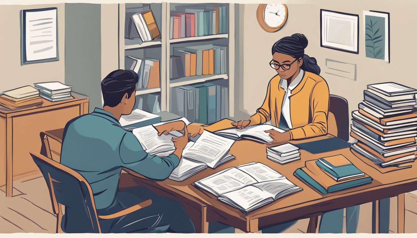 A student and tutor sit at a table, surrounded by books and papers. The tutor gestures enthusiastically while explaining a concept, as the student listens intently