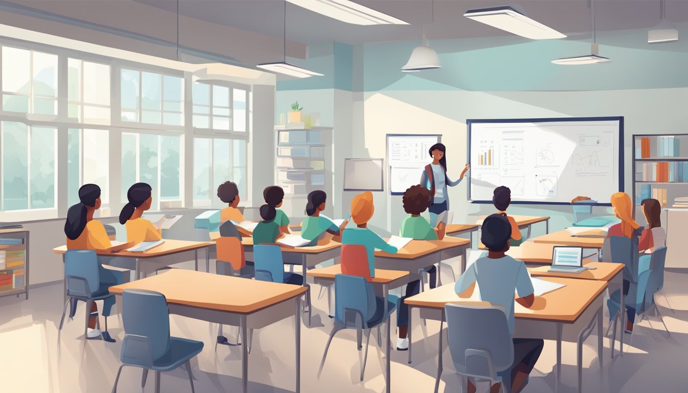 A bright, organized classroom with lab equipment and a whiteboard. Students engaged in group discussions and the tutor providing clear explanations