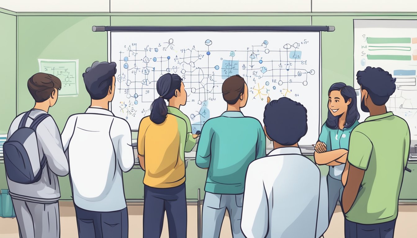 Students gather around a chemistry tutor, asking questions. Whiteboard with chemical formulas in the background