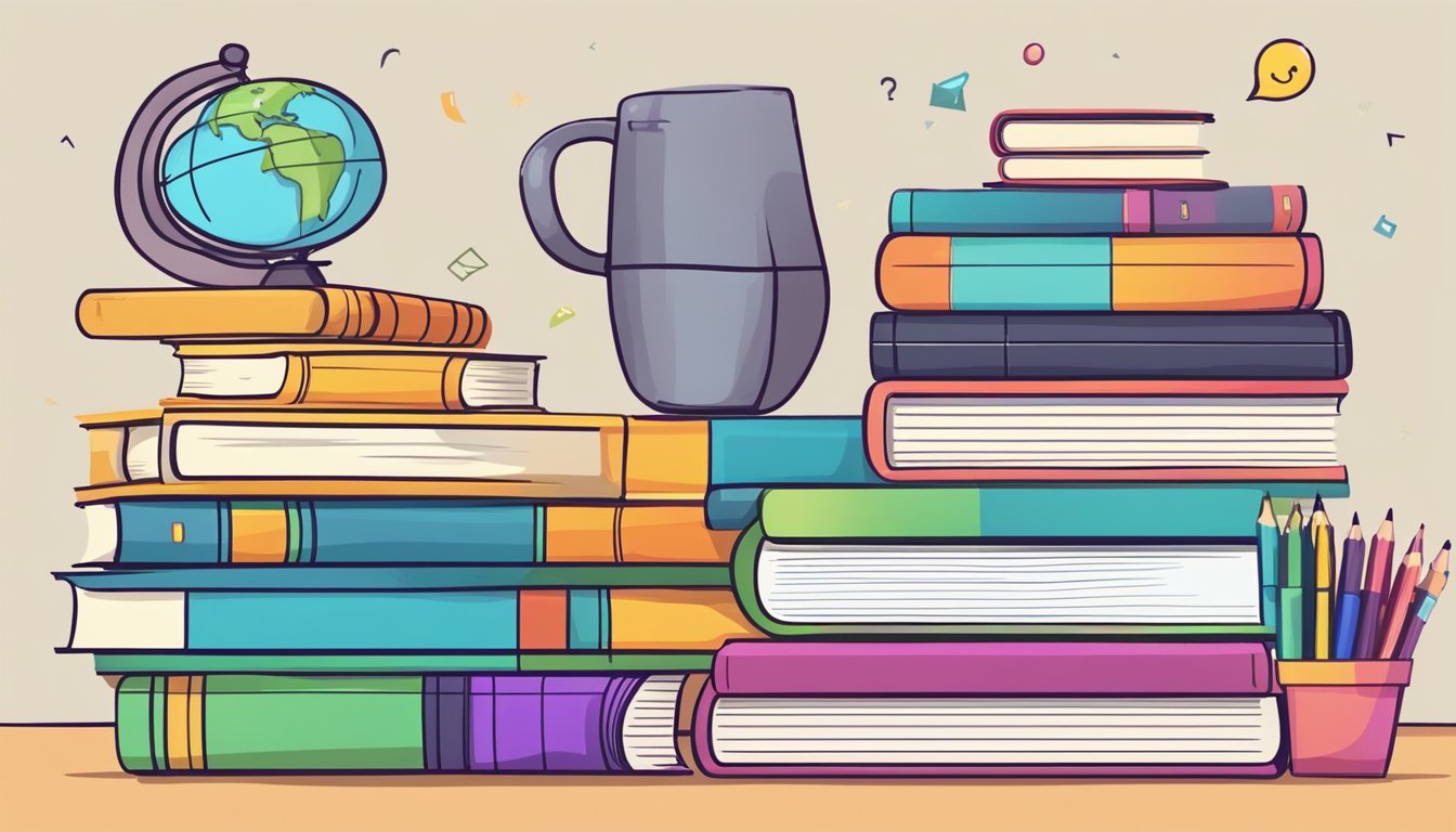 A colorful stack of books with "Frequently Asked Questions" on the cover, surrounded by a variety of school supplies and a cozy study area