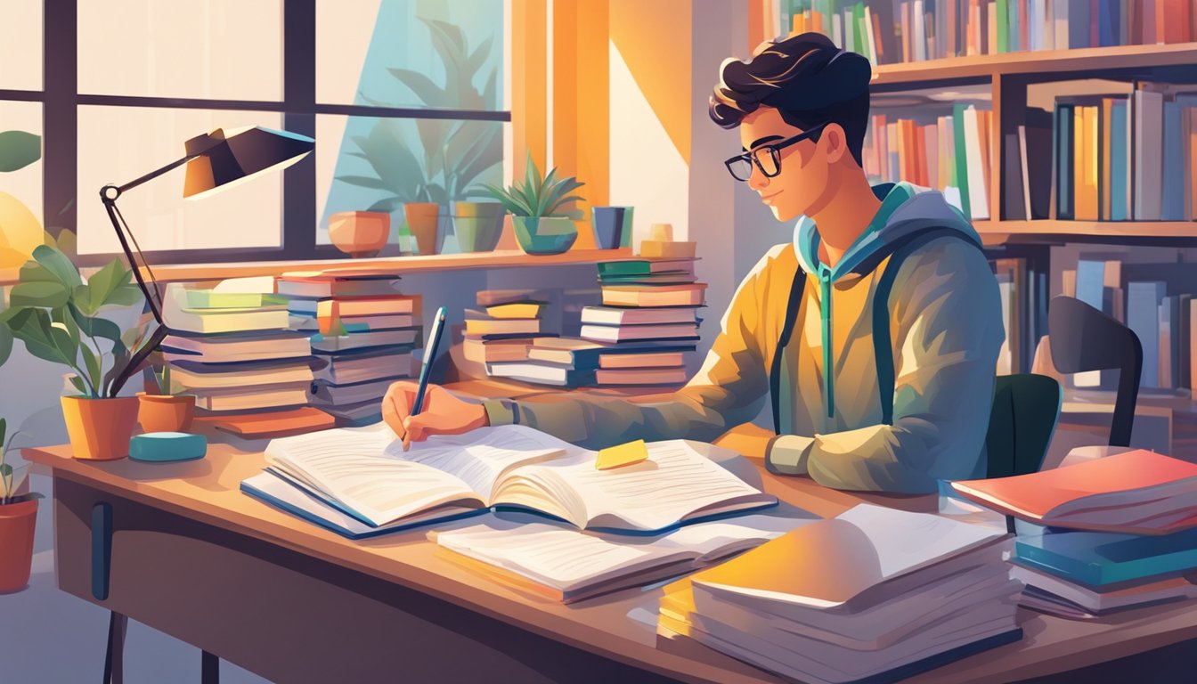 A student sits at a desk with books and notes, surrounded by a bright, organized study space. A tutor stands nearby, offering guidance and support