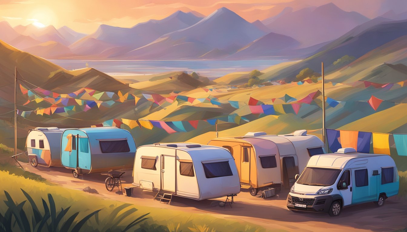 A caravan travels through Bishan, with colorful tents and flags fluttering in the wind. The sun sets behind the distant mountains, casting a warm glow over the scene