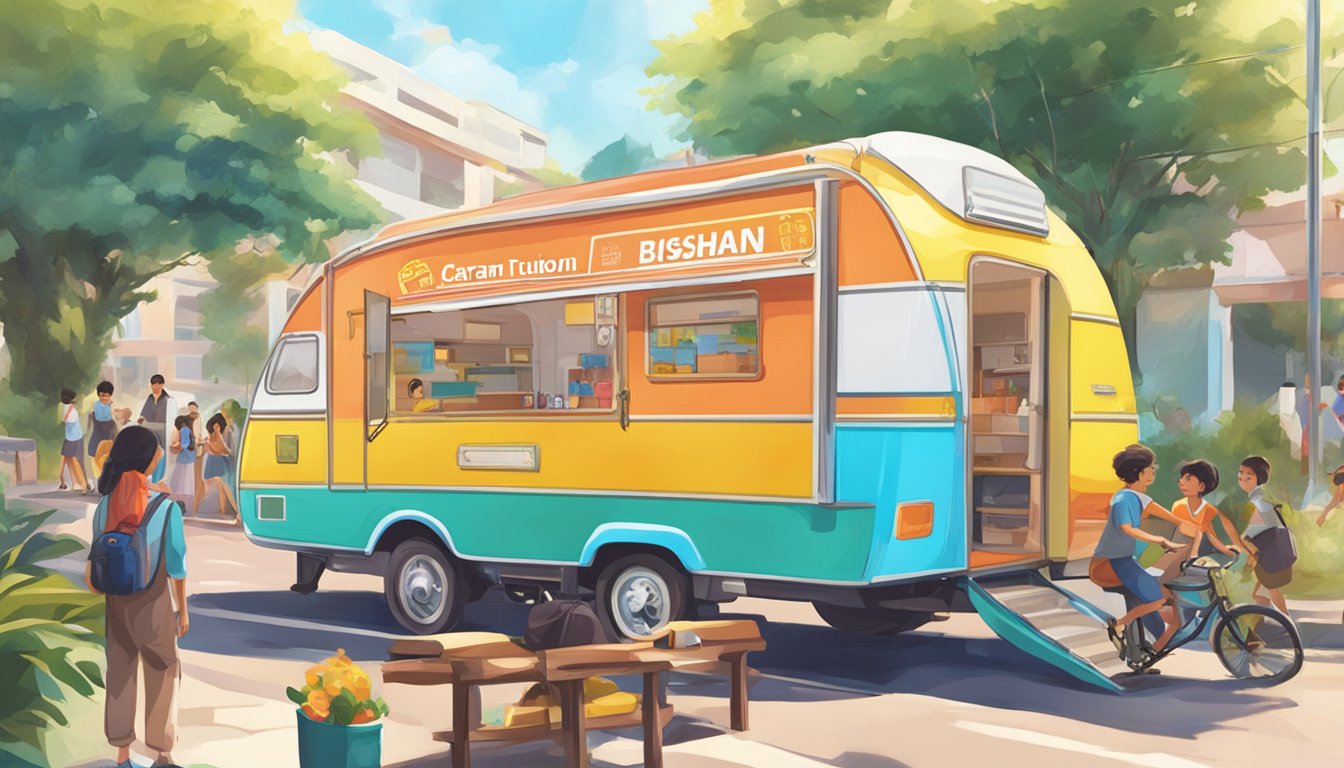A colorful caravan with "Caravan Tuition Services" signage is parked in Bishan. The sun is shining, and students are seen entering the caravan for their tuition sessions
