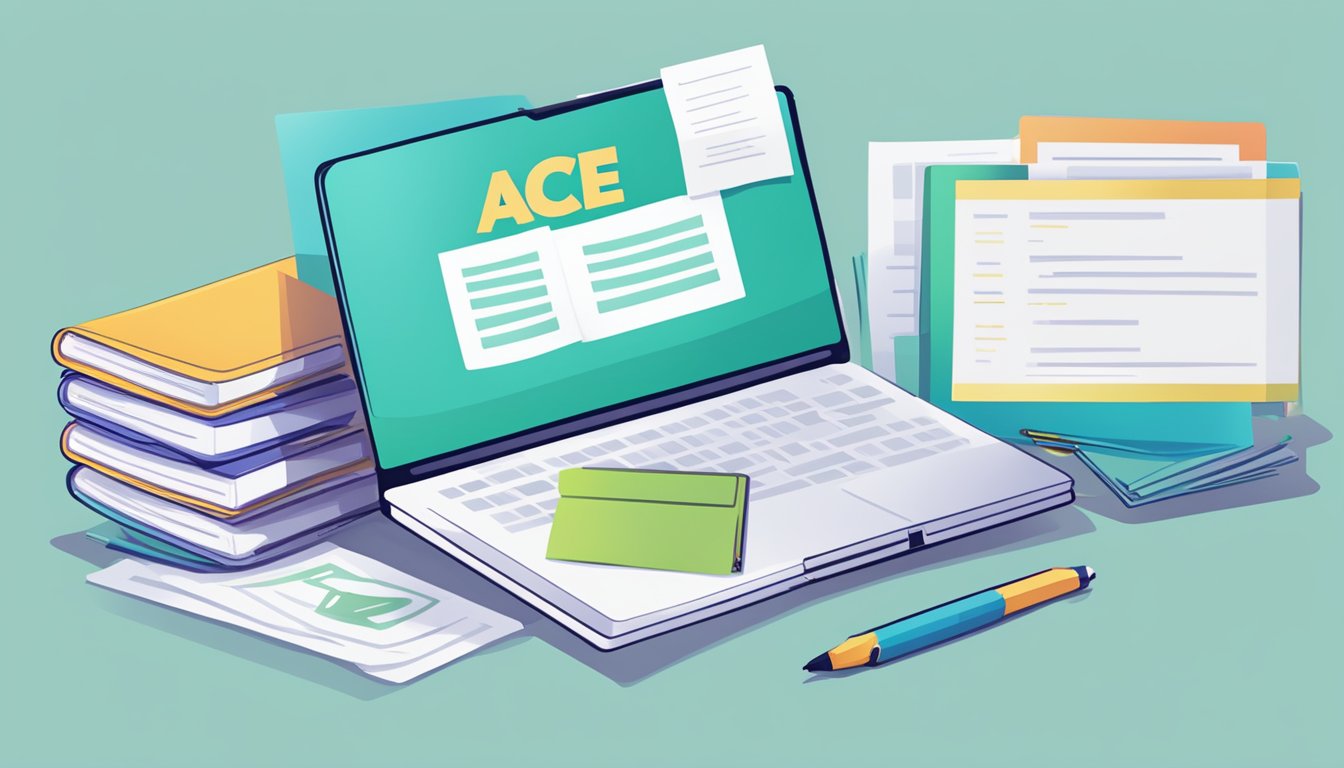 A stack of FAQ sheets and a laptop with "Ace Tutors Home Tuition Singapore" on the screen