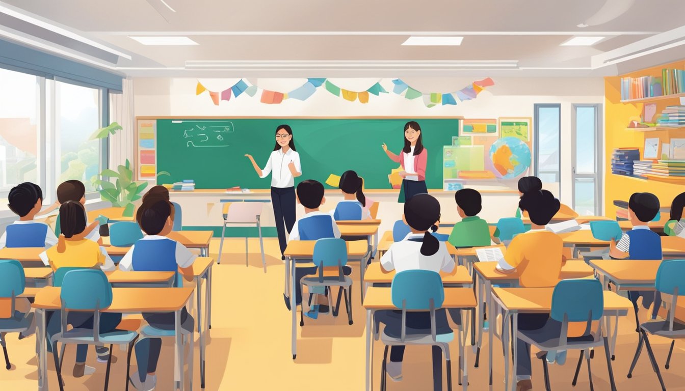 A vibrant classroom at Caravan Tuition Bishan, with bright decor and engaged students. The teacher stands at the front, leading an interactive lesson