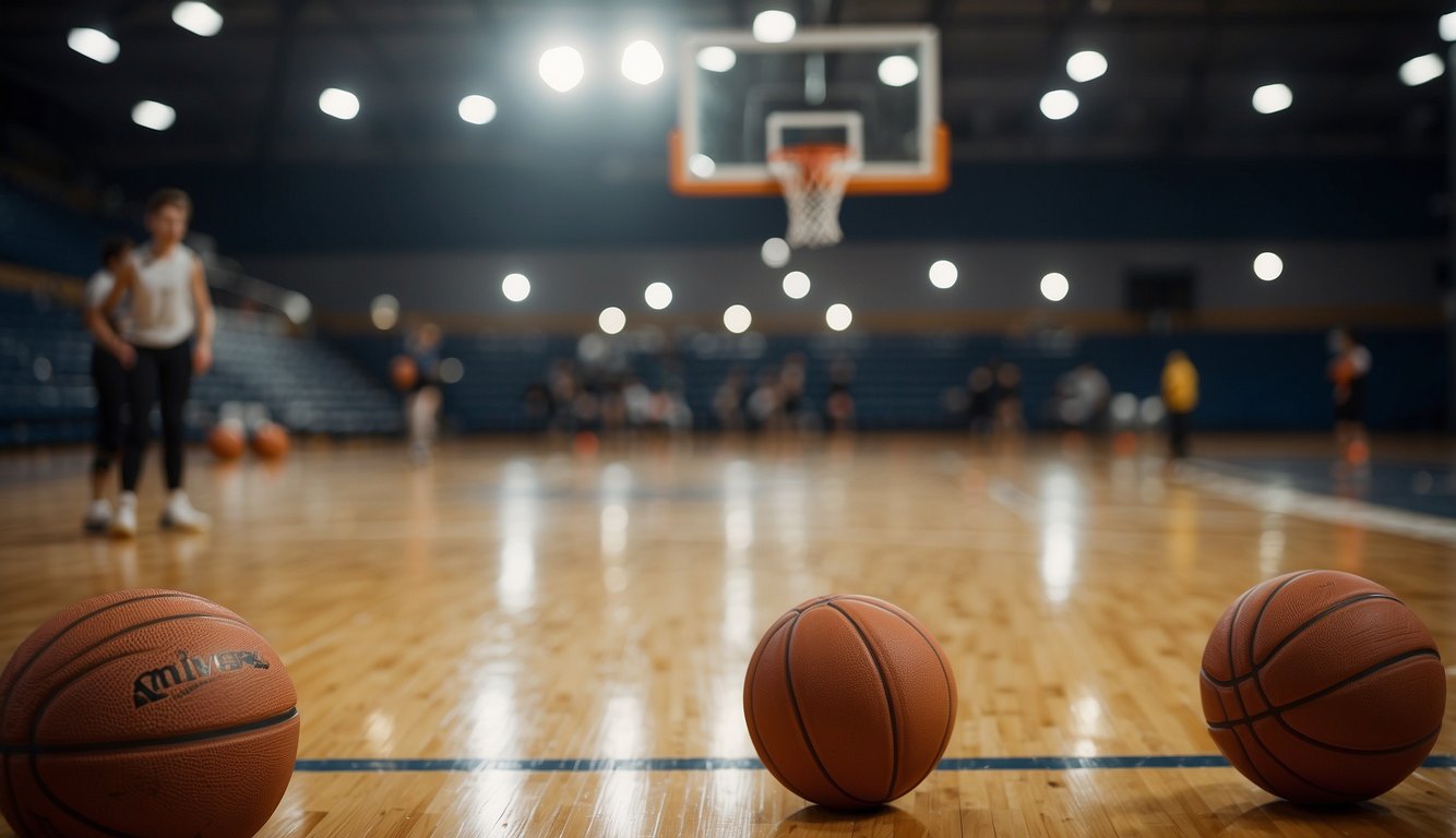 A basketball court with a hoop and multiple basketballs scattered around. Cones are set up for dribbling and shooting drills. A coach or trainer oversees the session