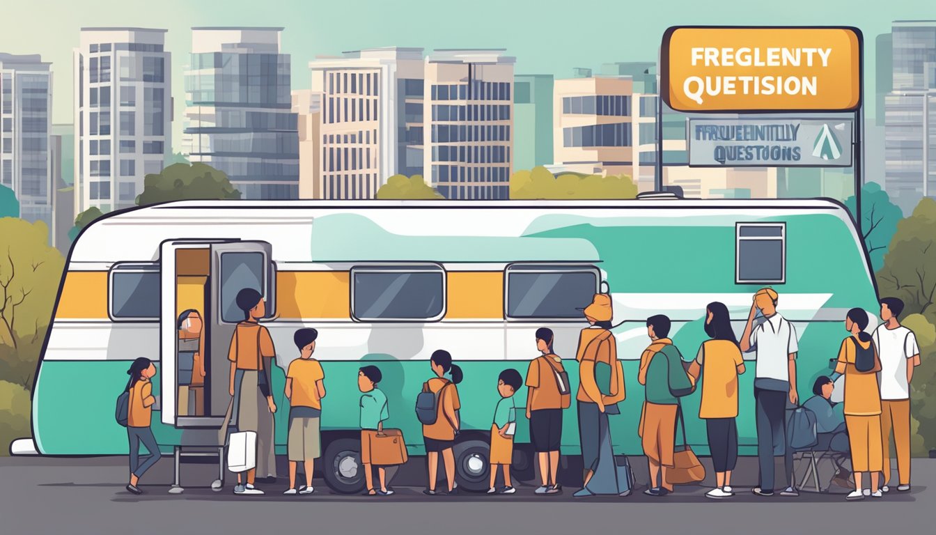A line of people waiting at a caravan with a sign reading "Frequently Asked Questions Tuition Bishan" in a bustling urban area