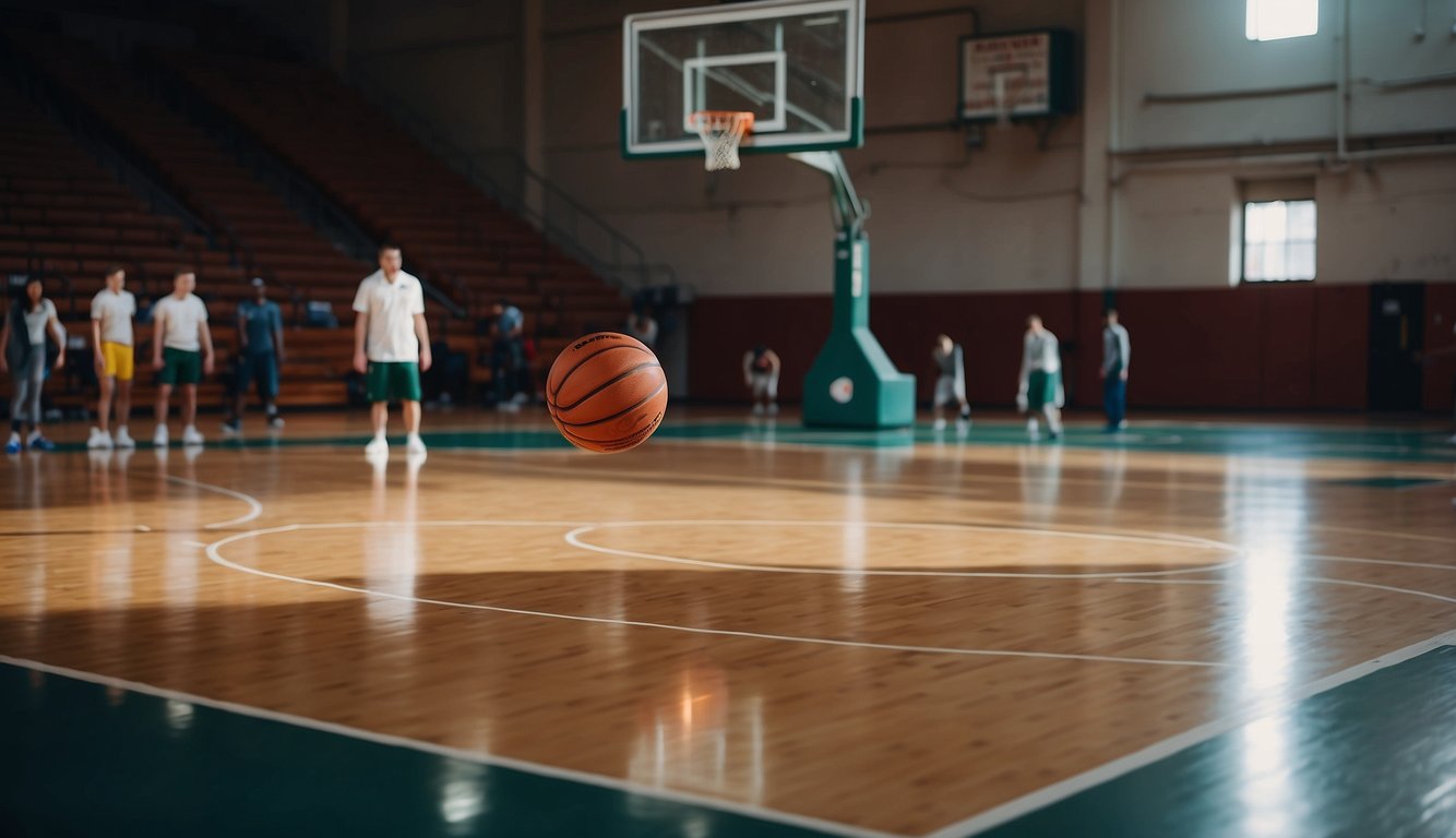 Basketball court with multiple hoops, balls, and shooting aids. Players practicing free throws and jump shots. Coaches giving tips on shooting technique