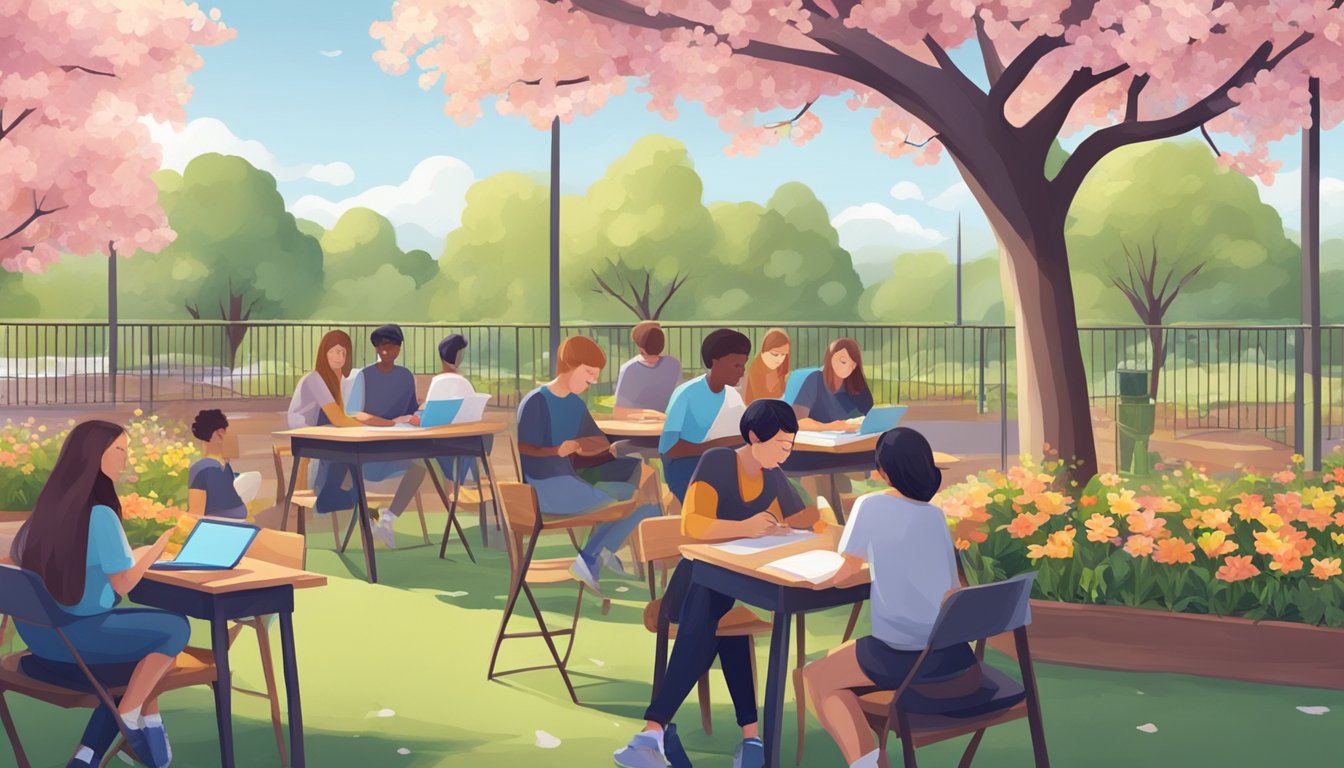A spring tuition centre with blooming flowers and students studying outdoors