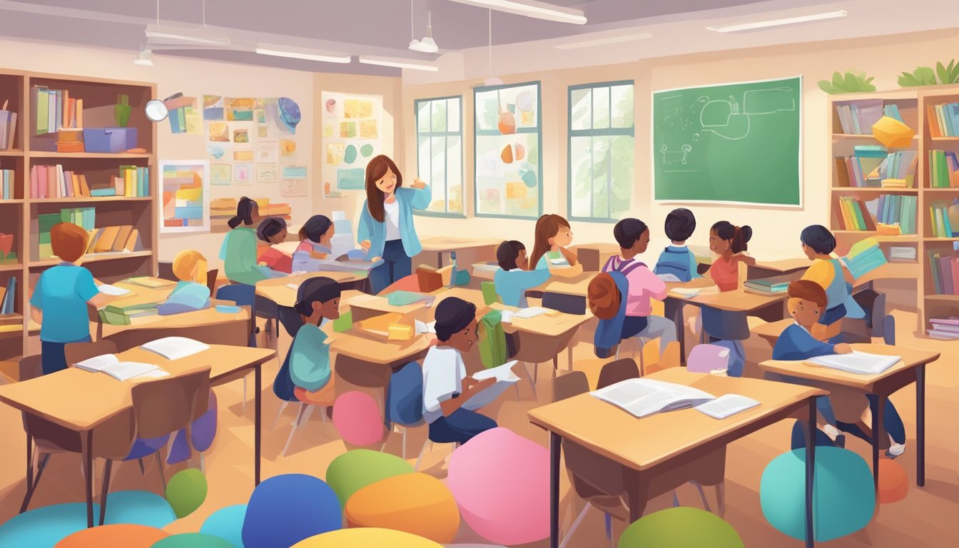 Students eagerly explore Spring Tuition Centre, surrounded by colorful learning materials and engaged in interactive lessons