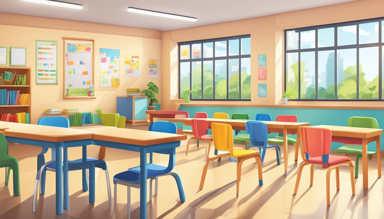A bright and welcoming classroom at Spring Tuition Centre, with colorful educational posters on the walls and neatly arranged desks and chairs
